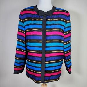 Vintage Talbots 100% Silk Blouse Womens 10 Grannycore Bow Stripes 80s Blazer Top